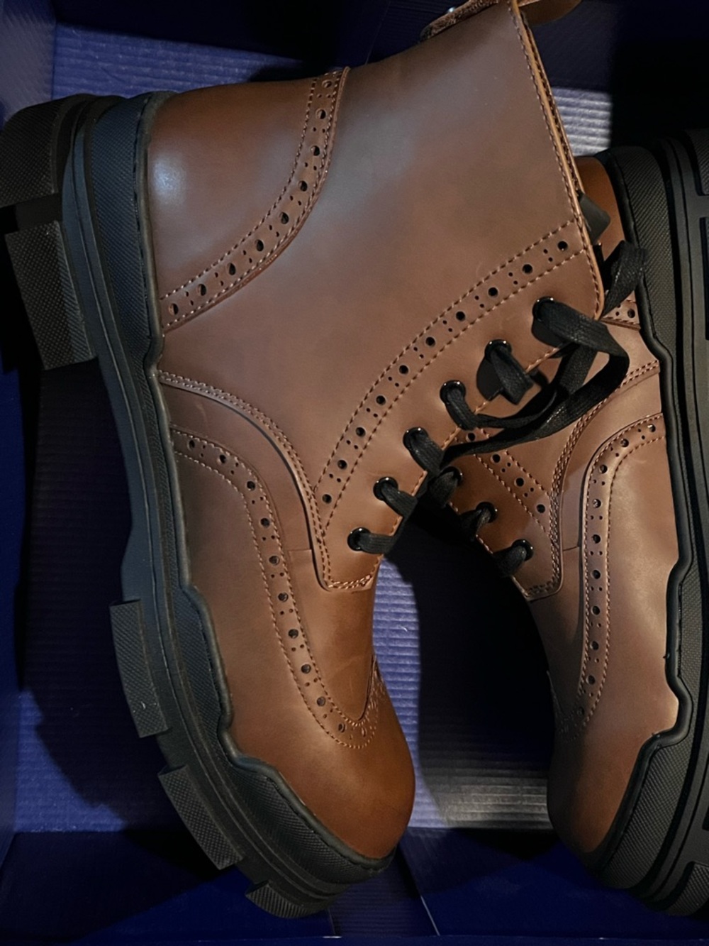 DKNY Men's Brown Faux Leather Brogue Combat Boots with Black Lug Sole